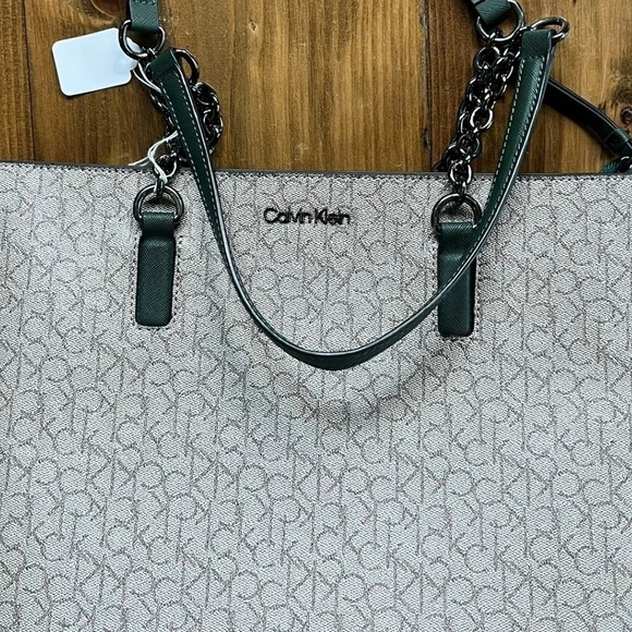 Calvin Klein Handbags - Calvin Klein Monogram Tote Bag Dark Green Leather Trim Chain Strap